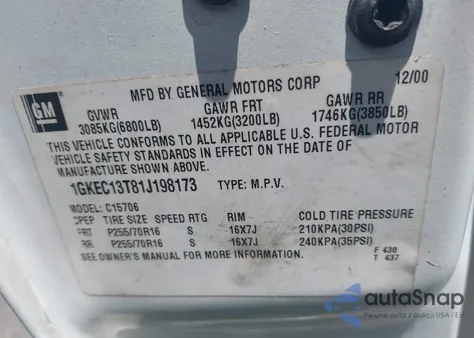 2001 GMC Yukon Slt из США, поврежденный, VIN 1GKEC13T81J198173